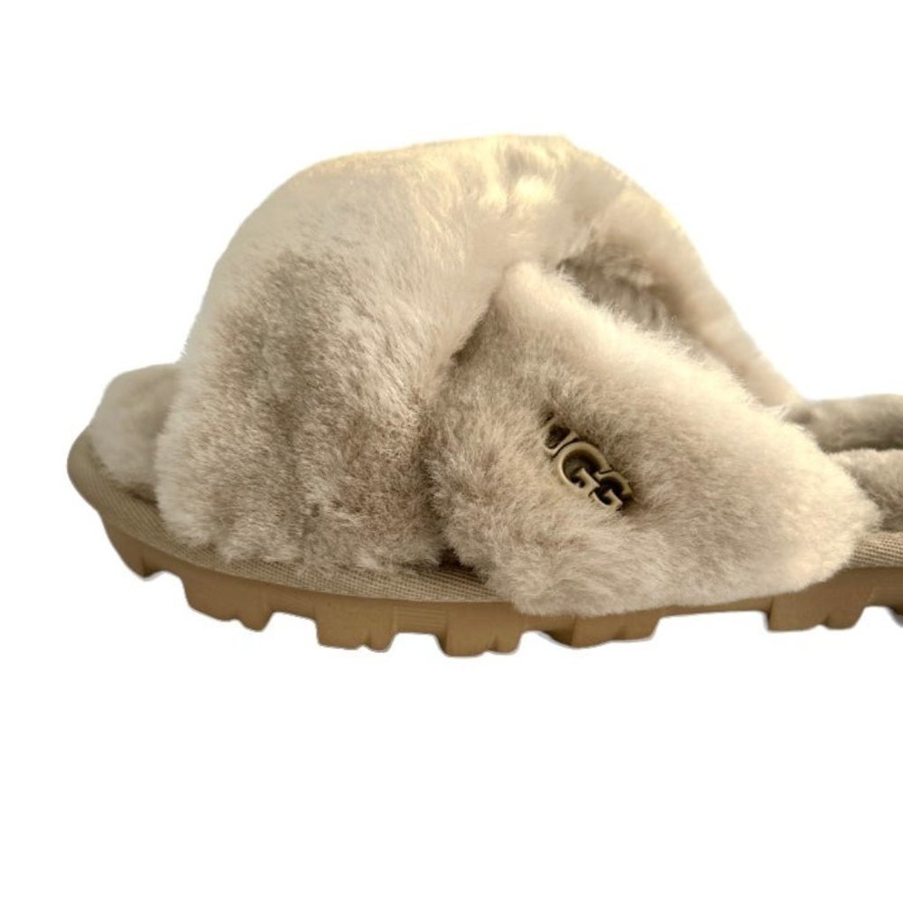 UGG FUZZETTE Fuzzy Slippers Goal Sheepskin Gray Women's Shoes - Picture 9 of 9